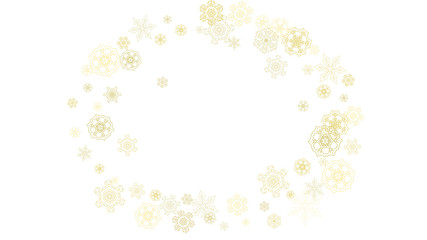 Glitter snowflakes frame on white horizontal background. Shiny Christmas and New Year frame for gift certificate, ads, banners, flyers. Falling snow with golden glitter snowflakes for party invite