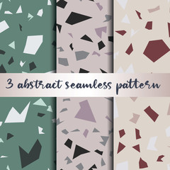 Set of 3 terrazzo inspired vector seamless patterns. Made in warm colours and earthy tones. Use for ceramic tiles, wallpaper, linoleum, textiles, wrapping paper, web page, kids, postcard background 