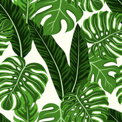 Fototapeta premium Seamless tropical pattern with green plants and leaves on a white background. Illustration in Hawaiian style. Summer background with exotic leaves. Creative abstract background.
