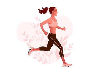 Fototapeta na wymiar Slim happy fitted woman running outdoor in sportswear and training shoes. Summer morning jogging. Vector illustration isolated on white background. 