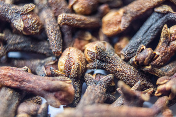 Seasoning dried cloves close-up. Macro photo