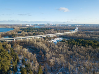 Fototapeta premium Aerial drone view. The bridge under construction in Kiev.