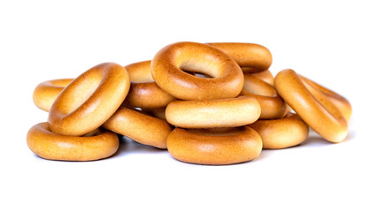 Small dry bagels, small rolls on a white background