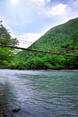 wooden bridge over the mountain river