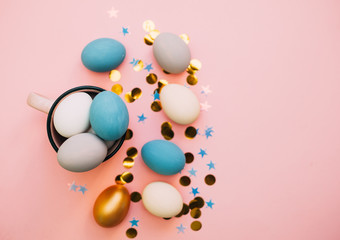 Easter eggs, colorful flat lay with copy space for text, easter holiday card