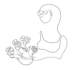 One continuous line drawing of roses bouquet Simple line art drawing of woman holding roses.