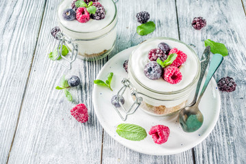 Cheesecake in portioned jars with summer berries