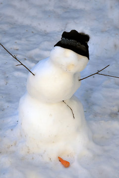 Snowman in a black hat and sticks instead of hands. Snowman who began to melt, carrot on the floor. Snowman in a funny pose.