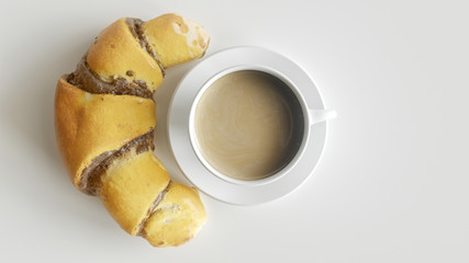 white cup with coffee and a croissant - 3D rendering