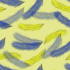 Fototapeta na wymiar seamless pattern with blue and yellow feathers on yellow background. abstract background. Hand drawing. Fashion design. Print, packaging, wallpaper, textile, fabric design 