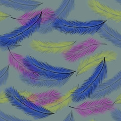 Fototapeta na wymiar Seamless pattern with colorful feathers on blue background. abstract colorful background. Multicolored. Blue, pink, yellow feathers. Print, packaging, wallpaper, fabrics, textile design