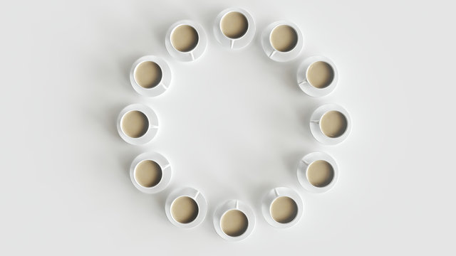 12 cups of coffee arranged in a circle- 3D rendering