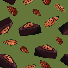 Chocolate set seamless pattern. Sweets with nuts. Vector graphics hand drawing.  Colorful background. For postcards, textiles, wrapping paper, wallpaper, fabric