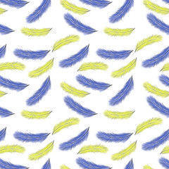 Fototapeta na wymiar Seamless pattern of blue and yellow feathers on white background. Hand drawing. Print, packaging, wallpaper, textile, fabric, ornament design