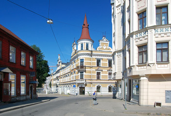 Fototapeta na wymiar RIGA, LATVIA - APRIL 25, 2019: View to Nometnu street (Nometnu iela) in Agenskalns