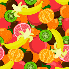 Seamless pattern with juicy fruits-kiwi, pomegranate, banana, mandarin.