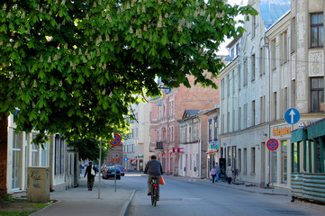 Obraz premium RIGA, LATVIA - APRIL 25, 2019: View to Nometnu street (Nometnu iela) in Agenskalns