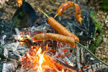 Obraz na płótnie Canvas Men baking bacons on camp fire in forest