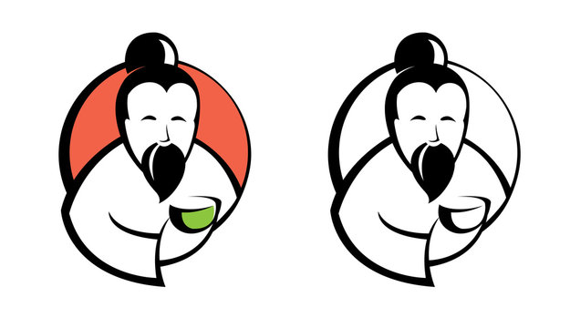 Old Man Holding Cup Of Tea. Logo Packaging Tea Leaves.