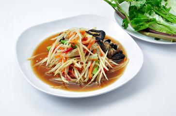 Papaya Salad with Crab, Spicy crab papaya salad, Fine young papaya chopped crushed then tossed in chili lime juice and mini pickled crab. .Spicy Green Papaya Salad with Pickled Crab. Spicy Thai food.