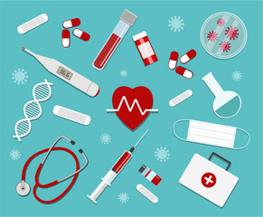A set of medical equipment. Vector illustration in a flat cartoon style. Stethoscope, test tube with blood, heart, patch, petri dish, first aid kit, mask, syringe, vaccine, pills, DNA, thermometer.