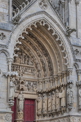 Architectural fragments of the central portal Amiens Gothic Cathedral (Basilique Cathedrale Notre-Dame d'Amiens, 1220 - 1288). Amiens, Somme, Picardie, France.