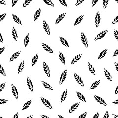 Seamless pattern with hand-drawn doodle leaves on a white background for cards, festive decoration.