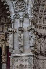Architectural fragments of the central portal Amiens Gothic Cathedral (Basilique Cathedrale Notre-Dame d'Amiens, 1220 - 1288). Amiens, Somme, Picardie, France.