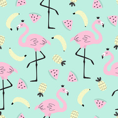Seamless pattern with flamingos and fruit on a colored background. Vector illustration for printing on fabric, tableware, Wallpaper, postcard, banner. Cute children's background. 