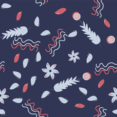 Childish seamless pattern made in floral, forest style. Design elements made in soft colours. Background or wallpaper may use for wrapping paper, web page, kids nursery, postcard, hand made album