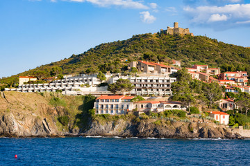 Beach hotels and restaurantes in Collioure village. Roussillon, Vermilion coast, Pyrenees Orientales