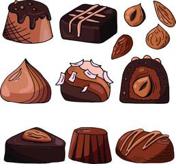  Delicious chocolate candies set. Vector graphics hand drawing. 8 chocolates with nuts. Hazelnuts and Almonds