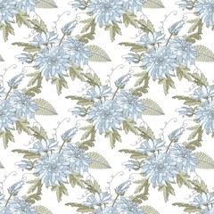 Seamless pattern with white chrysanthemums and leaves. Endless texture for design. Delicate background with chrysanthemums and floral elements for your greeting cards, fabric design, wedding, fabric.