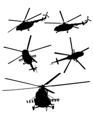 Fototapeta na wymiar Military helicopter flies in sky. Silhouette on a white background