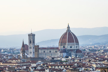 Fototapeta na wymiar Beautiful panoramic view of the Cathedral of Santa Maria del Fiore and Palazzo Vecchio in Florence, Italy.