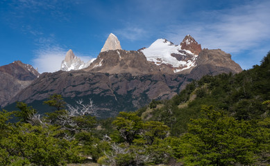View of the Fitz Roy Peak from the lower forest trails. Fitz Roy Trek, El Chalten, Patagonia, Argentina