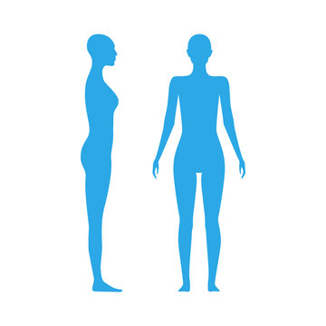 Front and side view human body silhouette of an adult female.