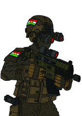 kurdish special forces, military soldier wearing kurdish looking emblems and tactical gear. 