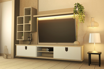 TV cabinet on white wood flooring and white wall, minimalist and zen interior of living room japanese style.3d rendering