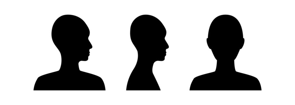 Front and side view silhouette of a head. Anonymous gender neutral face avatar.