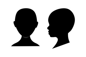 Front and side view silhouette of a toddler head. Anonymous baby face avatar