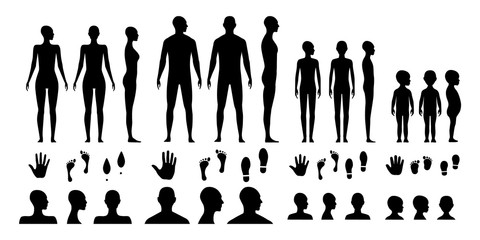 Male, female, gender neutral and a toddler human body silhouettes. Anonymous avatars of an adult's man and a woman, teenager and a kid. Open palm hand, barefoot feet and shoes traces..