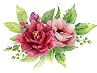 Burgundy flower bouquet with Anemone and buds. Watercolor hand drawn floral posy 