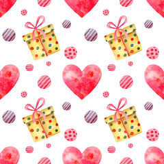 Seamless pattern Valentines day. Watercolor cute heart gift box and dots. Repeating backgroung