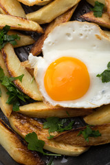 Breakfast in the pan. Fried potatoes with eggs in a skillet. Food bachelor. Cooked by a man. Hot and fresh. Homemade breakfast on black table. Fried eggs and sweet potato hash in cast iron skillet Fre