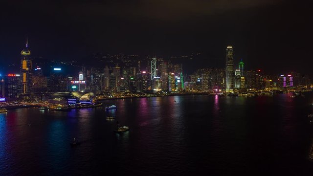 Aerial China Time Lapse 12045-48 Hong Kong Downtown Night September 2019 4K  Aerial time lapse video of downtown Hong Kong on the waterfront at night. 