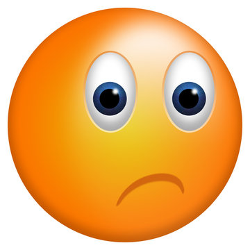 Sad emotion on a round sticker. Orange icon with sad expression.