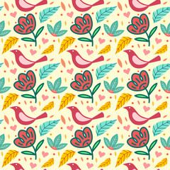 Vector floral seamless pattern, colorful blooming flowers, leaves and bird seamless pattern design template, suitable for background, wallpaper, decoration