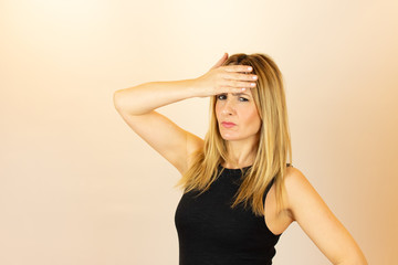 Fototapeta premium woman, spanish, girl, pretty, beautiful, cute, expression, gesture, happy, casual, portrait, brown eyes, attractive, thinking, considering, finger, shock, amazed, black shirt, hands, head, surprised