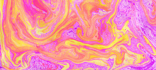 Hand painted background for creative design of posters, cards, invitations, banners, websites, wallpapers. Mixed yellow and pink paints on a canvas. Modern artwork. Trendy artistic style. Abstraction.